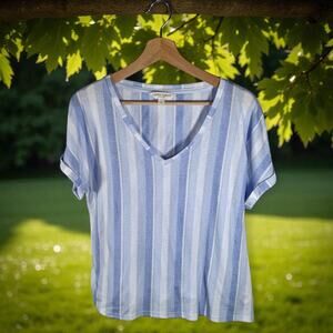 Laura Ashley Women's Large Carolina Blue & White Striped S/S Blouse Shirt V-Neck